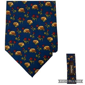 Neiman Marcus Mens Silk Tie Navy Blue Hedgehog Floral Print Hand Made Spain 58"